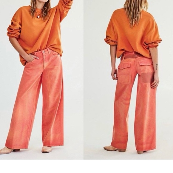 We The Free Denim - Free People We The Free‎ Waterfalls Baggy Wide Leg Jeans Orange Size 27 NWT Y2K